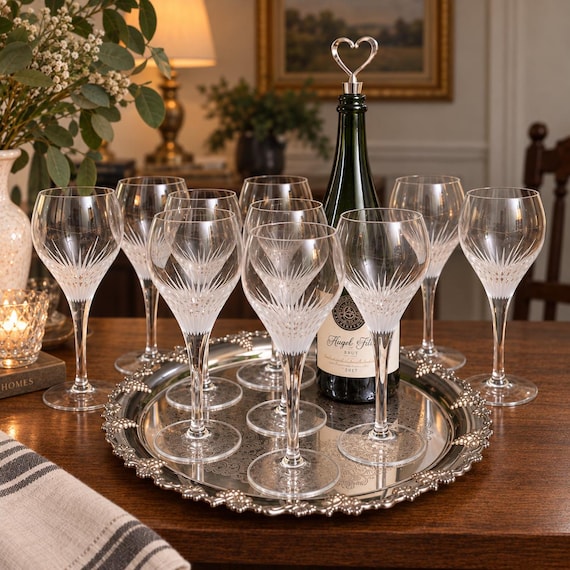 Belfor Savannah Water Goblets Set of 10 Vintage Bohemian Cut Crystal Glasses 8 Inch