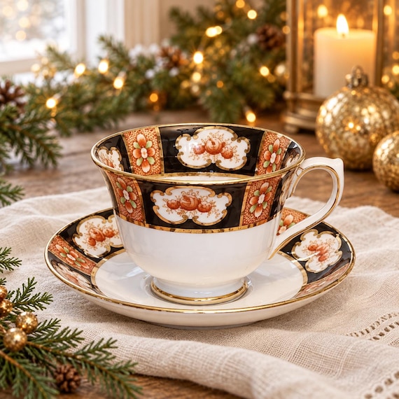 Vintage Royal Albert Crown China Teacup & Saucer Imari Pattern #4913 Black Gold Floral (c.1920)