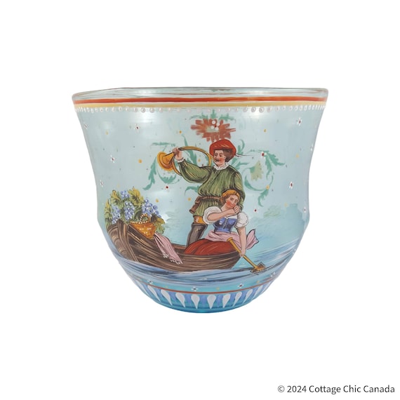 Venetian Style Hand Blown Glass Centerpiece Bowl • Renaissance Couple in Rowboat