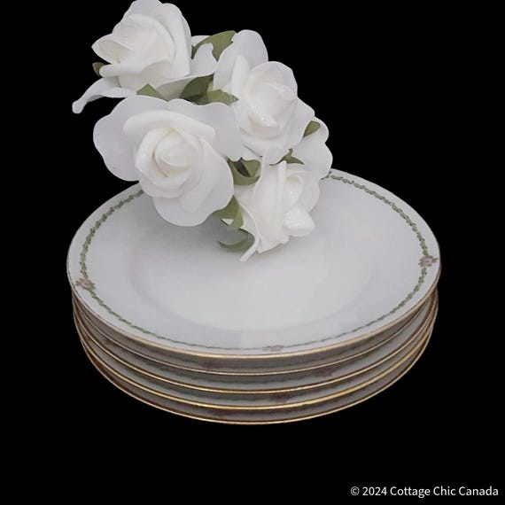 Antique Limoges Porcelain Dessert Plates: Pink Roses, Gold Trim - Set of 5