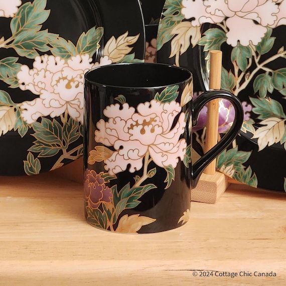 Fitz & Floyd Cloisonné Peony Black Coffee Mugs - Available Individually or Set of 2