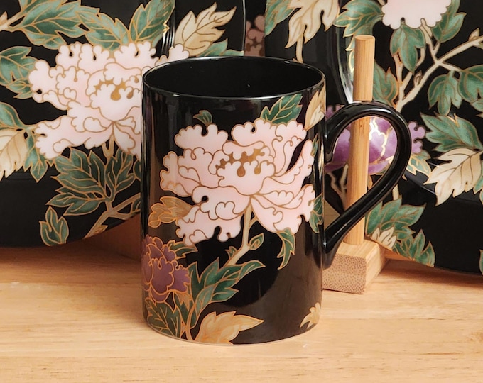 Fitz & Floyd Cloisonné Peony Black Coffee Mugs - Available Individually or Set of 2