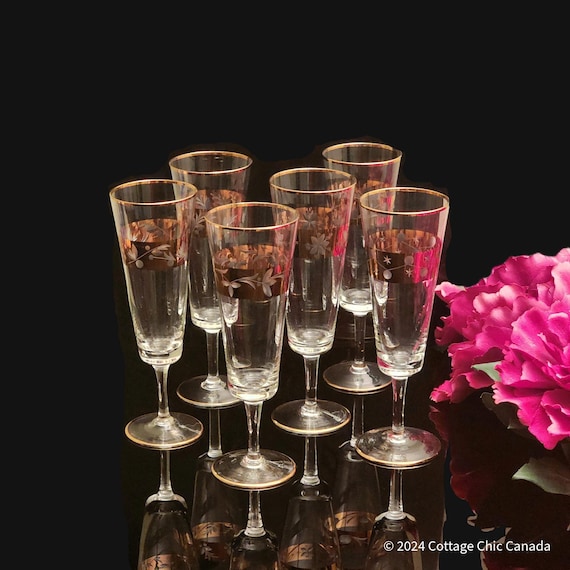 Set of 6 Mid-Century Bohemian Lead Crystal Champagne Flutes – 22K Gold Atomic Design