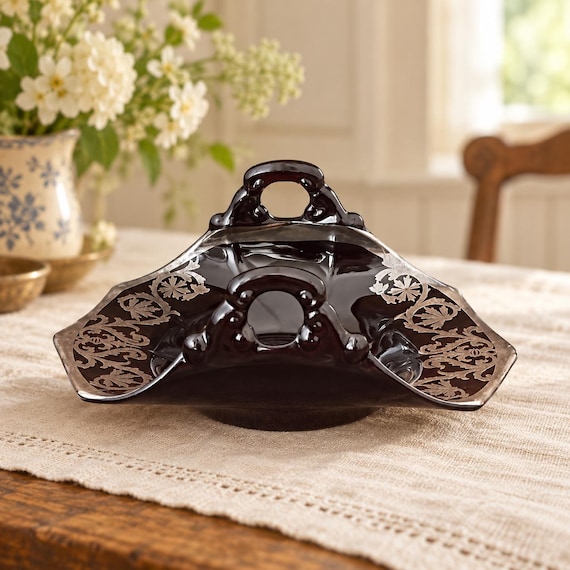 Vintage Black Amethyst Glass Handled Dish, Floral Decoration, Art Deco Bonbon Bowl, Cambridge