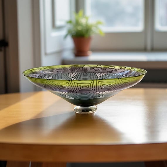 Cheryl Takacs Signed Studio Art Glass Bowl – Large Deco Inspired Hand Blown Centerpiece Decor