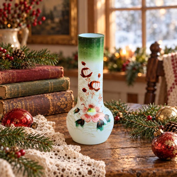 Antique Victorian Bristol Glass Vase, Hand Painted Enamel Floral Opaline Art Glass, c.1880
