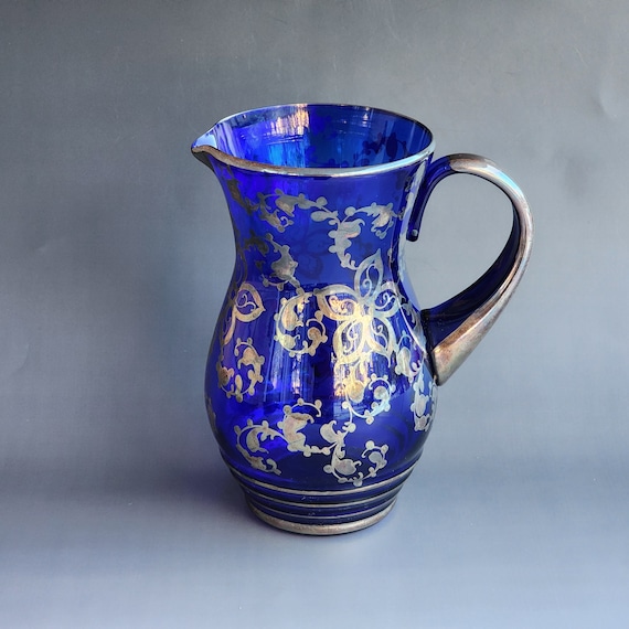 Mid Century Vintage Hand Blown Blue Glass Pitcher With Sterling Silver Overlay