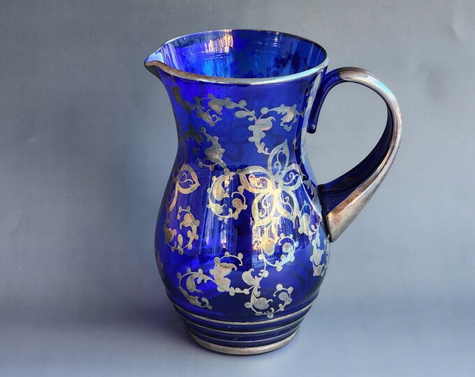 Mid Century Vintage Hand Blown Blue Glass Pitcher With Sterling Silver Overlay