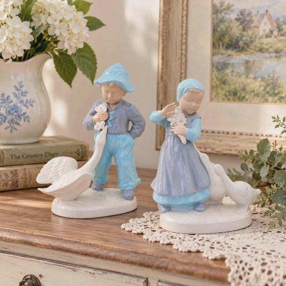 Vintage Little Dutch Boy Girl Ceramic Figurines with Geese Lamp Bases 8.5–9 Inch
