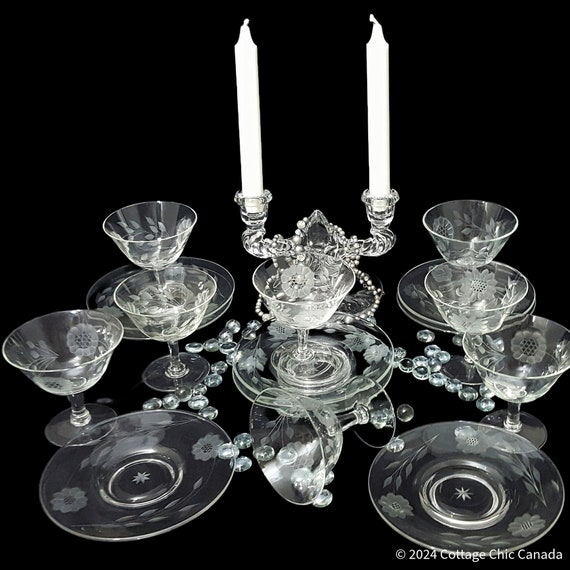 Hughes Cornflower Champagne Sherbet Glasses with Plates – Set of 8 Vintage Etched Crystal Canada
