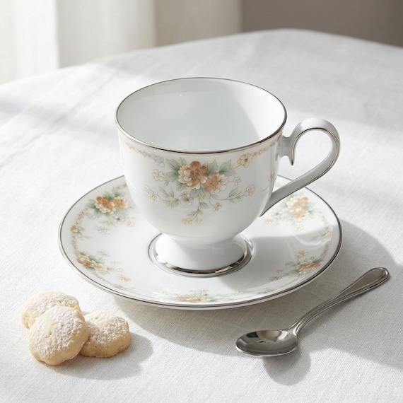 Noritake Roundelay Flat Tea Cup and Saucer – Fine Bone China Tableware Japan