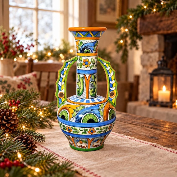 Vintage Italian Majolica Vase, Hand Painted Floral Pottery, Double Handles, SACA Style Mid Century