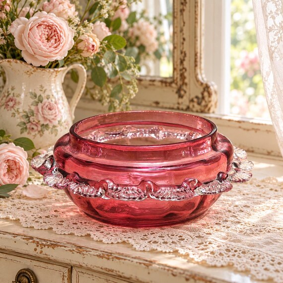 Antique Cranberry Glass Bowl, Clear Applied Frill, Hand Blown Ruby Vanity Dish, c.1880s-1910s