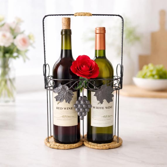 Rustic Metal Wine Carrier – Wicker Base Double Bottle Holder – Vintage Bar