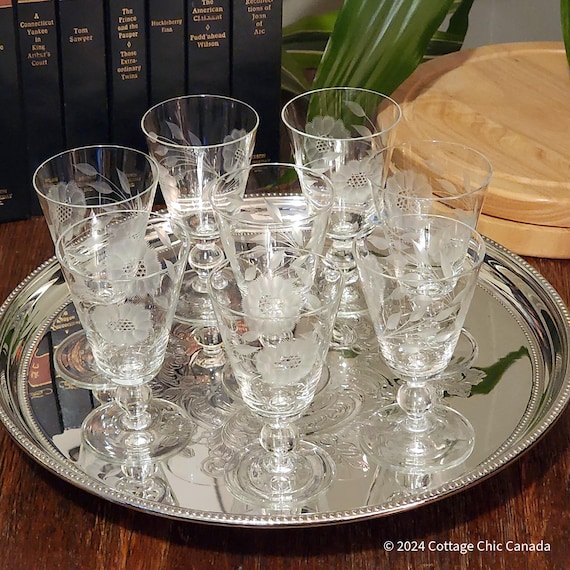 Hughes Cornflower Sherry Glasses – Set of 6 Vintage Etched Crystal Stemware Canada