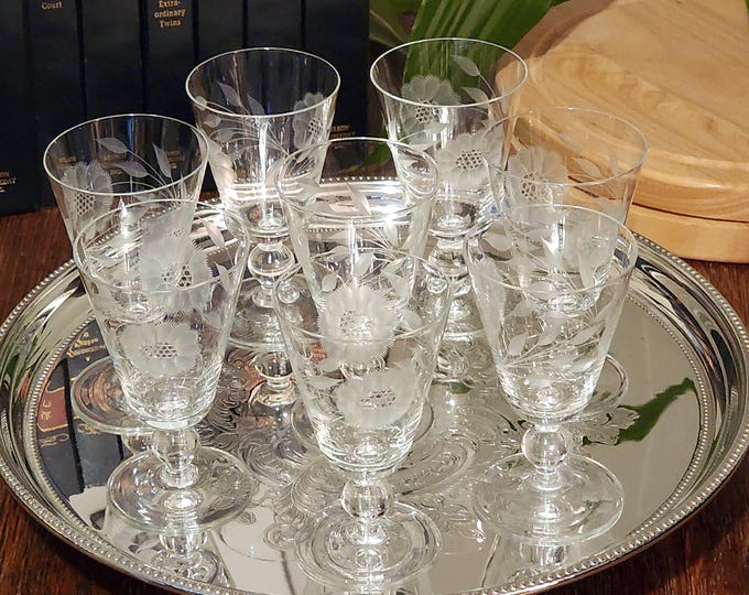 W.J. Hughes Cornflower Sherry Glasses – Set of 6 Vintage Canadian Etched Crystal Stemware