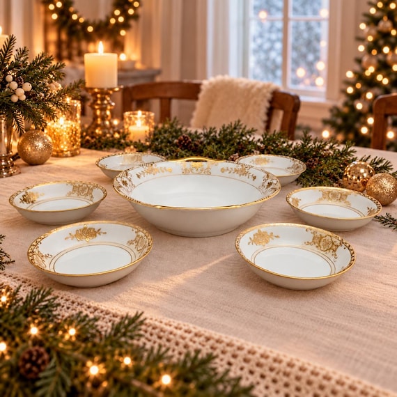 Vintage Noritake Moriage 7-Piece Berry Bowl Set – Gold Floral Porcelain with Art Deco Influence