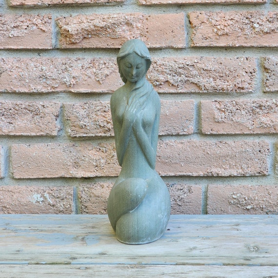 Vintage Grey Stone Sculpture – Limestone Female Figure with Flowing Hair, Serenity & Strength