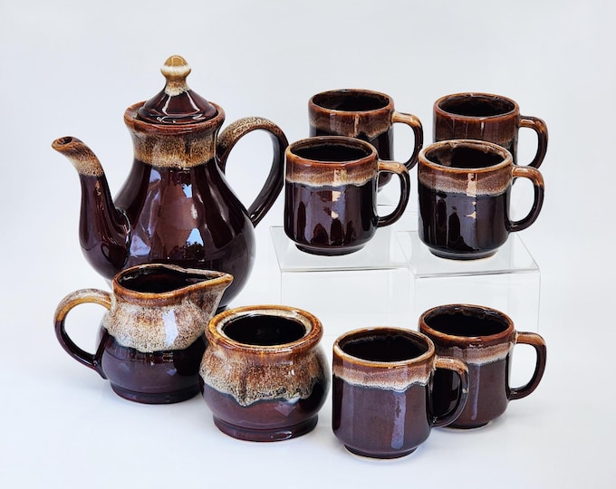 Brown Ceramic Teapot, Sugar Bowl, Creamer & Teacup Set with Glossy Drip Glaze Finish, 10 Pieces