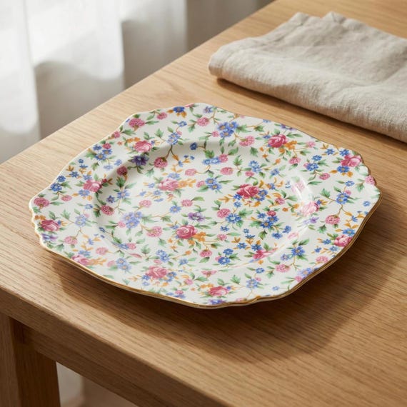 Royal Winton Grimwades Old Cottage Chintz Square Luncheon Plate – Ascot Shape – Made in England
