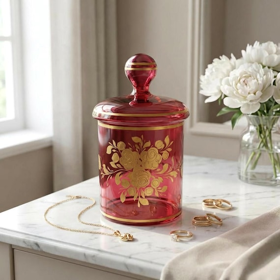 Vintage Bohemian Style Cranberry Glass Candy Jar – Victorian Revival Gold Vanity Decor