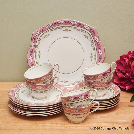 Blyth Diamond China Tea Trios for Six + Serving Plate – Antique Edwardian Art Deco England
