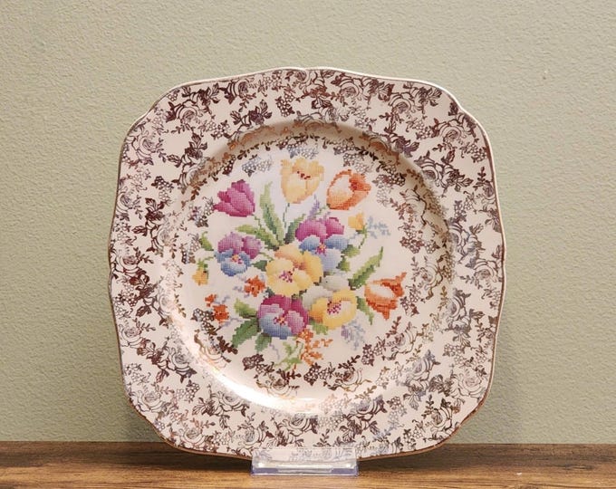 Vintage 1930s Hollinshead & Kirkham (HK Tunstall) Old English Sampler Square Luncheon Plate — Floral Chintz Ceramics, Staffordshire England
