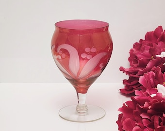 Vintage Bohemian Cranberry Cut to Clear Floral Etched Wine Goblet – Hand Blown Retro Glass Barware