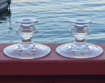 W.J. Hughes Cornflower Etched Glass Candlesticks, Vintage Art Deco Style, Set of 2