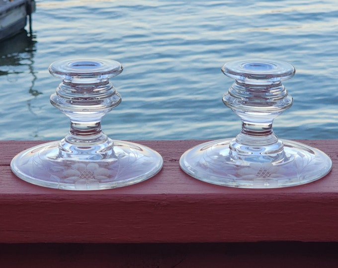 Hughes Cornflower Etched Glass Candlesticks, Vintage Art Deco Style, Set of 2