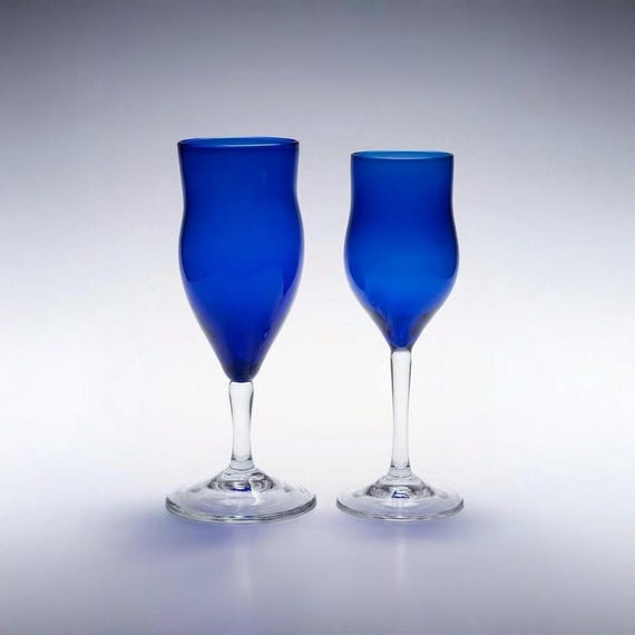 MD Jukes 1984 Signed Canadian Art Glass Goblets Pair Hand Blown Cobalt Blue