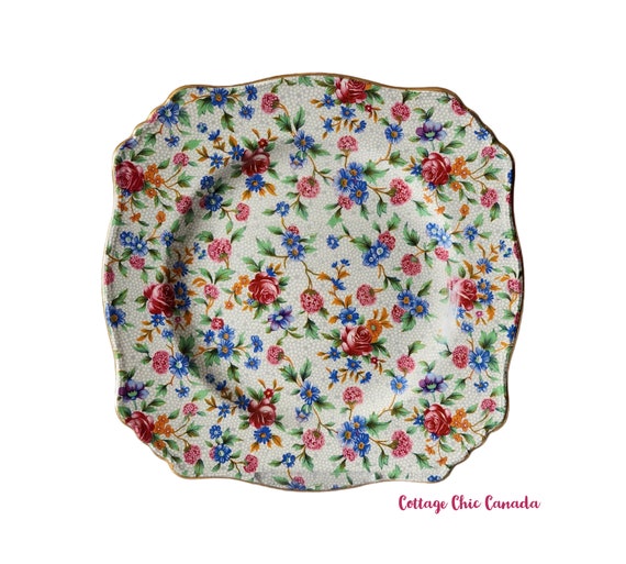 Royal Winton Grimwades Old Cottage Chintz Square Salad Plate – Ascot Shape – Made in England