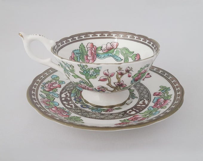 Coalport Indian Tree Footed Tea Cup and Saucer Set – Multicolor Floral with Pink Roses – English Fine Bone China