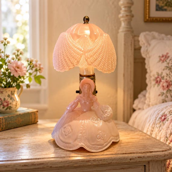 Vintage Pink Glass Southern Belle Figural Boudoir Lamp with Hobnail Shade, LE Smith Style