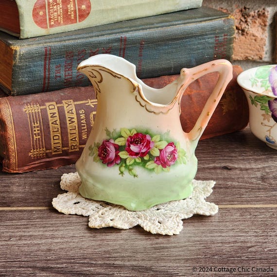 Antique Hand Painted Austrian Porcelain Creamer – Pink Rose Pitcher Victorian Edwardian Vintage 1900s