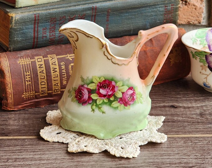 Austrian China Creamer with Hand-Painted Pink Roses, Scalloped Rim, and Gold Accents