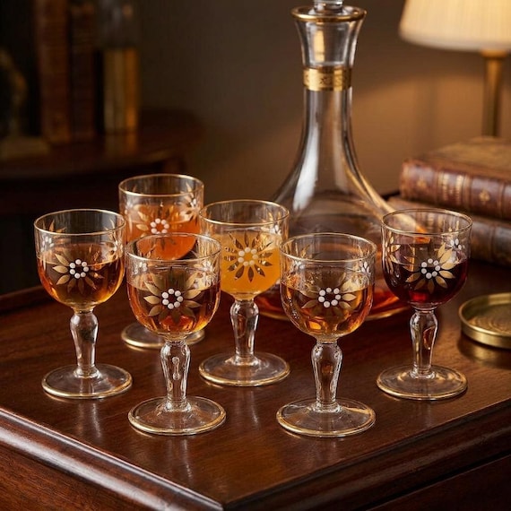 Mid Century Gold Starburst Cordial Glasses – Set of Six Vintage Barware