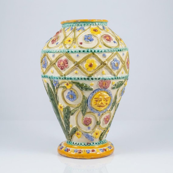 Tall Mid Century Italian Majolica Vase – Applied Floral Relief Pottery – Italy