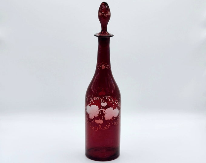 Bohemian Czech Ruby Red Glass Wine Decanter – Antique Collectible Barware