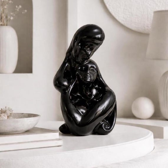 Vintage 1980s Abstract Ceramic Lovers Statue High Gloss Black Postmodern Art Deco Sculpture 17"