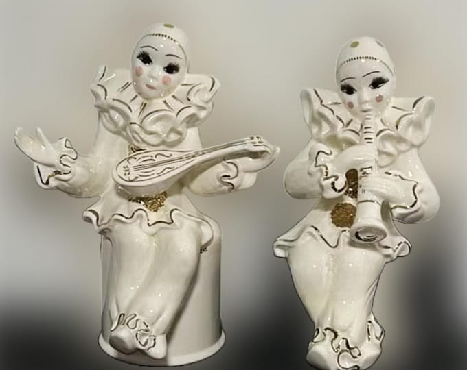 Vintage 1980's Harlequin Pierrot Mime Musical Clown Figurines