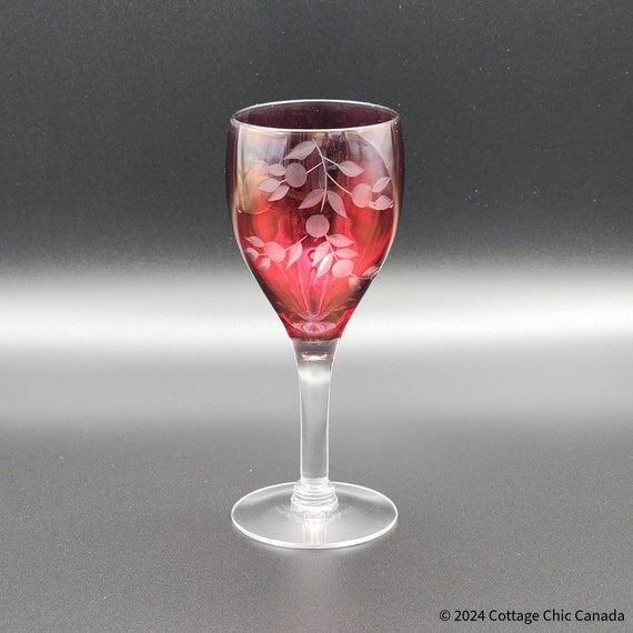 Ruby Flash Cordial Sherry Glass - Vintage Etched Floral Barware, 5 5/8"