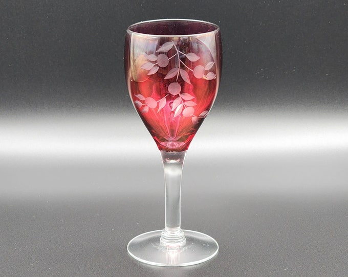 Ruby Flash Cordial Sherry Glass - Vintage Etched Floral Barware, 5 5/8"