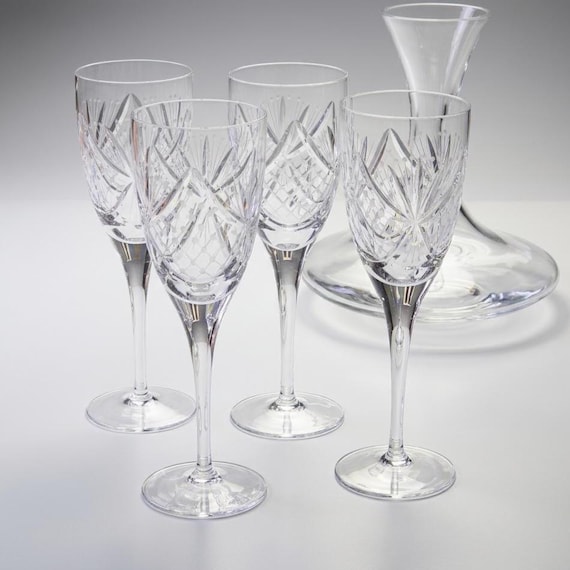 Set of 4 Hand Cut 24% Lead Crystal Wine Goblets, Vintage Hungary Barware