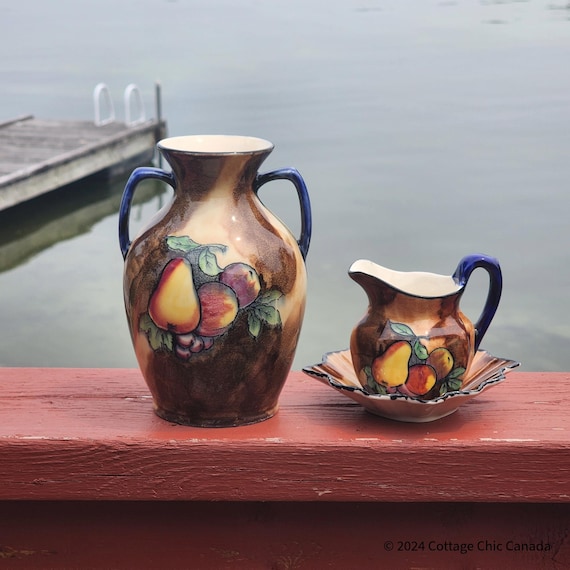 Vintage 1930s H&K Tunstall “Luscious” Pottery Set – English Art Deco Vase, Creamer with Underplate