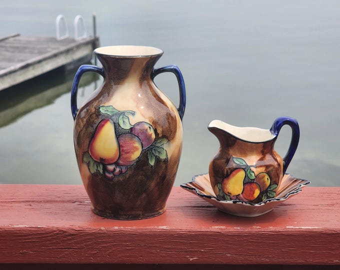 Vintage 1930s Hollinshead & Kirkham (HK Tunstall) Luscious Pottery 3pc Set — Staffordshire England Ceramic Vase, Creamer and Underplate