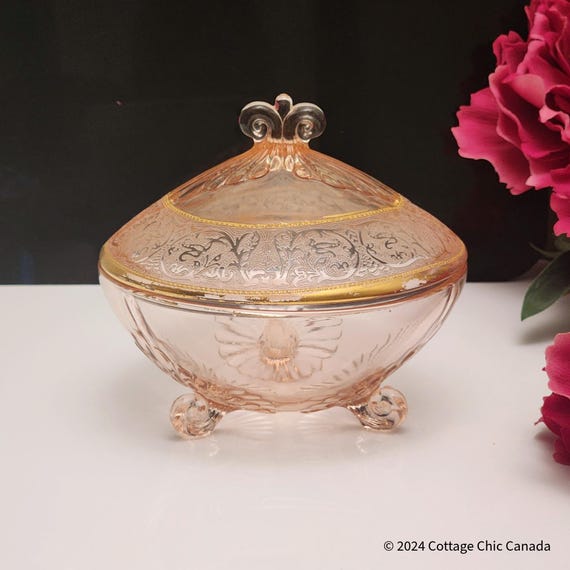 Duncan & Miller Pink Glass Candy Dish with Lid • Lotus Etch, 1930s Elegant Glass