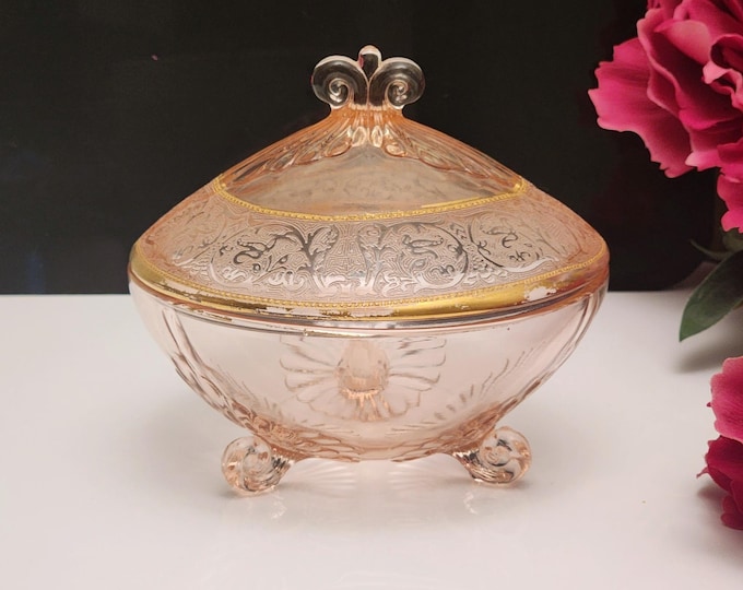 Duncan & Miller #34 "Three Leaf" Pink Candy Dish with Lid – Lotus Etch, c. 1930s