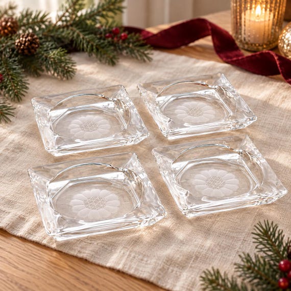 Vintage Hughes Cornflower Square Glass Ashtrays, Hand-Cut Floral Coasters (Set of 4)