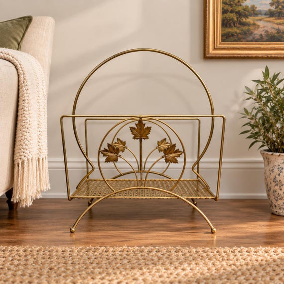 Vintage Brass Tone Magazine Rack Maple Leaf Metal Newspaper Holder Mid Century
